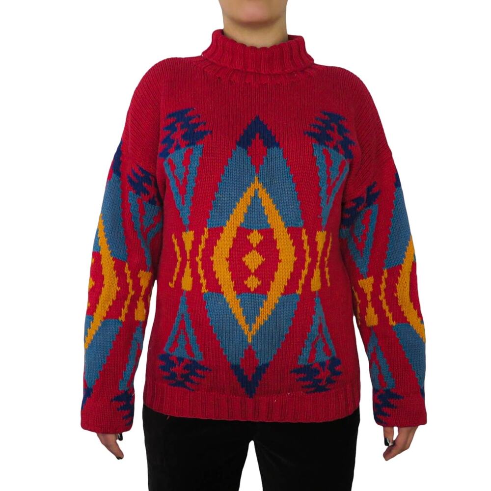 Breeches 1980s Vintage Red Tribal Knit Turtleneck Sweater Large